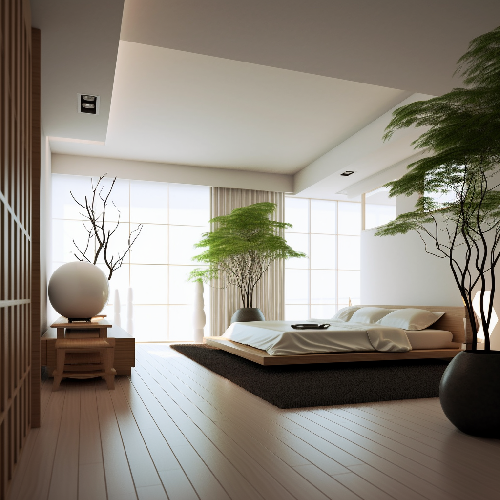 A modern and serene bedroom interior with a minimalist design, featuring a low wooden platform bed, light-colored bedding, and large windows allowing natural light to fill the room. The space is decorated with potted green plants, adding a touch of nature. A sleek, large ceramic vase with bare branches stands on a wooden table, enhancing the tranquil atmosphere. The room's neutral tones, clean lines, and natural elements create a peaceful and harmonious environment, perfect for relaxation.