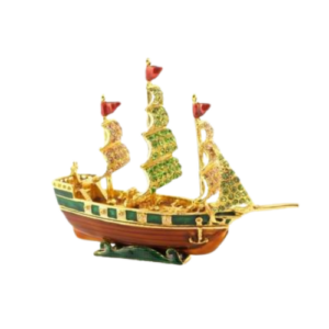 A decorative bejeweled merchant wealth ship adorned with colorful gemstones, gold accents, and intricate detailing. The ship features multiple sails, each studded with green and red gems, symbolizing prosperity and successful ventures. The ship's design is a blend of green, gold, and brown hues, representing wealth and abundance. Often used in Feng Shui, this ship is a powerful symbol of bringing good fortune and wealth into one's life.