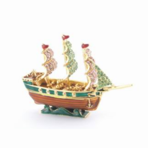 A small decorative bejeweled merchant wealth ship adorned with colorful gemstones and gold accents. The ship features multiple sails, each intricately studded with green and red jewels, symbolizing prosperity and successful ventures. The hull is designed with green and brown hues, complemented by golden details, representing wealth and abundance. This smaller version of the wealth ship serves as a powerful Feng Shui symbol for attracting financial luck and positive energy into one’s life.