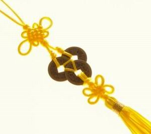 3 I-Ching Coins Tassel With Yellow Mystic Knot