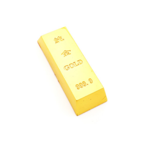 A shiny 3-inch gold bar with inscriptions in both Chinese characters and English, marked with 'GOLD' and '999.9,' indicating its purity. The gold bar is set against a plain white background, emphasizing its bright yellow-gold color and reflective surface, symbolizing wealth, prosperity, and good fortune in Feng Shui.