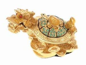 Bejeweled Dragon Tortoise on a Bed of Gold Coins and Ingots