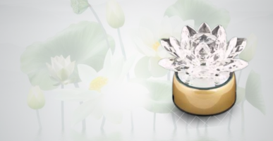 A bejeweled crystal lotus flower ornament with a golden base, set against a soft, blurred background of white lotus flowers and green leaves. The crystal lotus symbolizes purity and enlightenment, often used in Feng Shui for attracting positive energy.