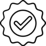 A black and white outline icon of a badge with a checkmark in the center, representing quality assurance, approval, or certification. The badge has a wavy border and a transparent background.